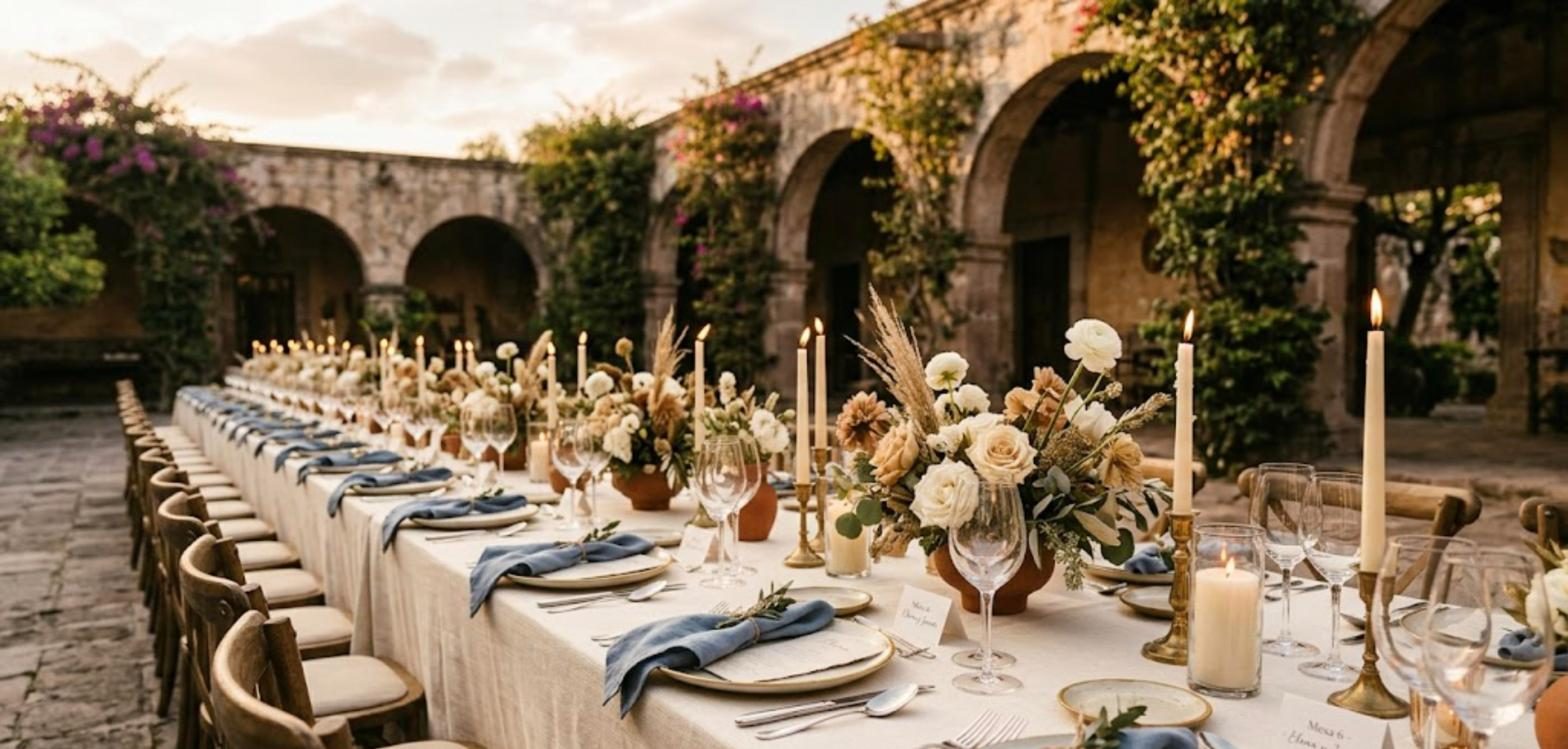 Mesa larga de banquete en el patio de una hacienda, a la hora dorada