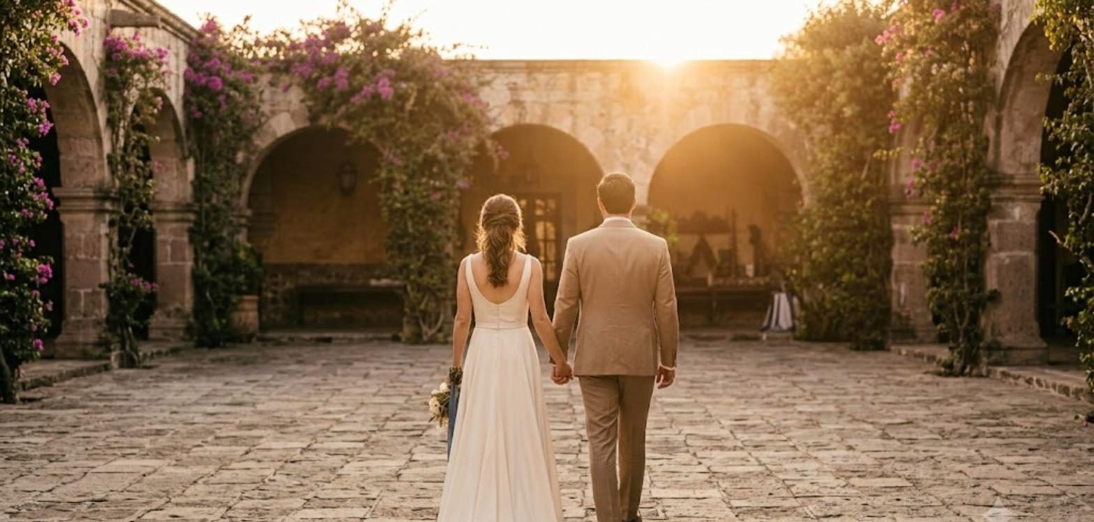 Una pareja de novios caminando de espaldas por el patio de una hacienda al atardecer